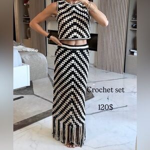 Elegant Black and White Crochet Maxi Dress Set